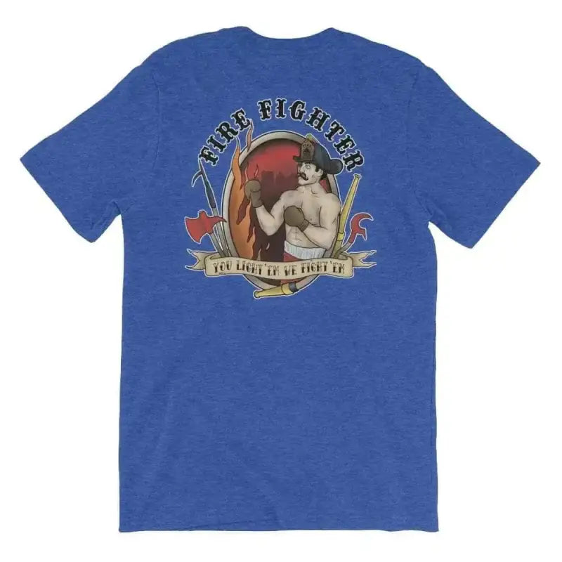 Royal blue t-shirt with vintage boxing graphic ’Fire Fighter’ in circular emblem design