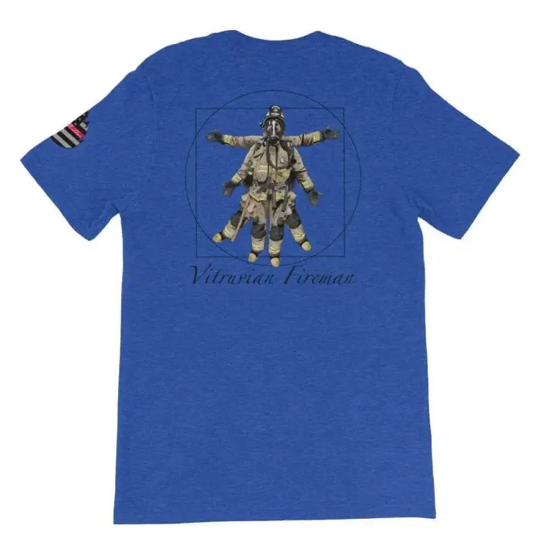 Royal blue Vitruvian Fireman short-sleeve unisex t-shirt with design on back