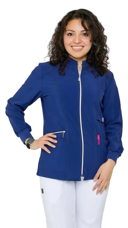 Royal blue stretch zipper warm uniform jacket with white trim for women