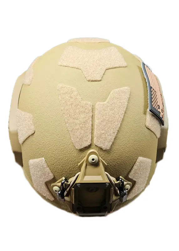 Tan RT2 Ballistic High Cut Helmet with mounting plates and accessories for Redemption Tactical