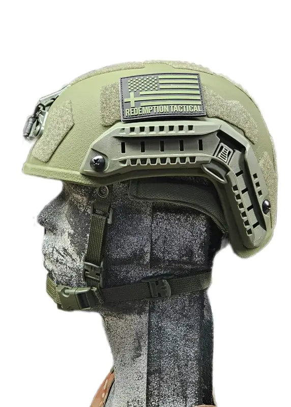 RT2 Ballistic High Cut Helmet in tan with rail attachments and American flag patch