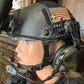 Black RT2 Ballistic High Cut Helmet with American flag patch and headset by Redemption Tactical