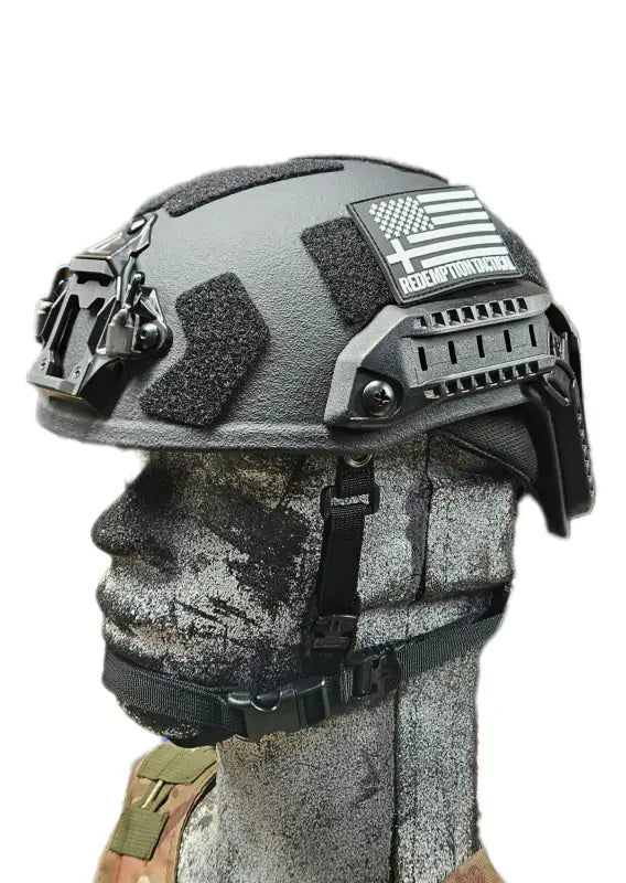 Tactical military helmet with American flag patch, RT2 Ballistic High Cut design