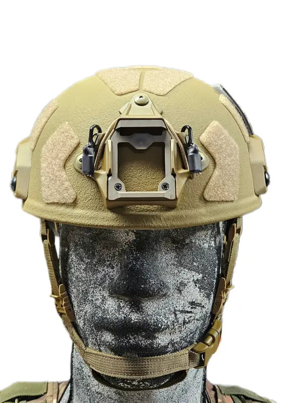 Tan RT2 Ballistic High Cut Helmet with mounting rails and accessory attachments from Redemption Tactical