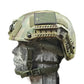 Tactical military helmet in tan with rail attachments and American flag for RT2 Ballistic High Cut