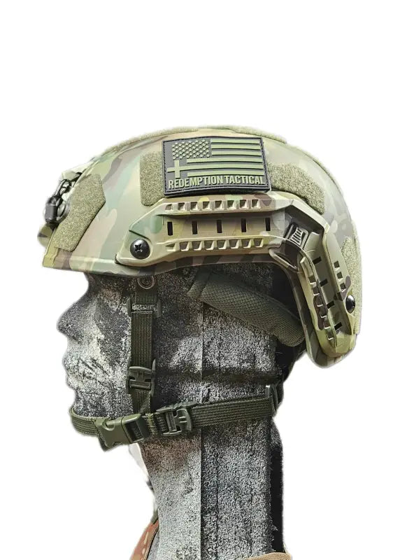 Tactical military helmet in tan with rail attachments and American flag for RT2 Ballistic High Cut