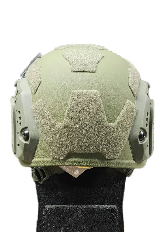 Military-style olive green RT2 Ballistic High Cut Helmet with velcro patches by Redemption Tactical