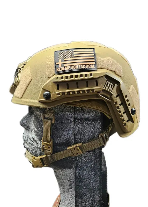 Tan RT2 Ballistic High Cut Helmet with American Flag Patch and Arc Rails by Redemption Tactical