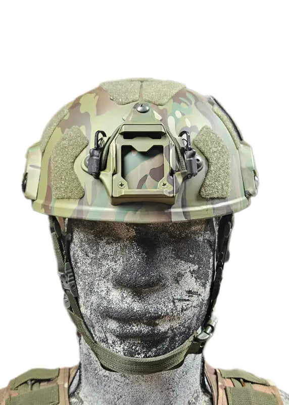 Camouflage RT2 Ballistic High Cut Helmet with rail mounts and accessory attachments