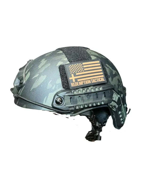 Military-style RT2 Ballistic High Cut Helmet with American flag patch by Redemption Tactical