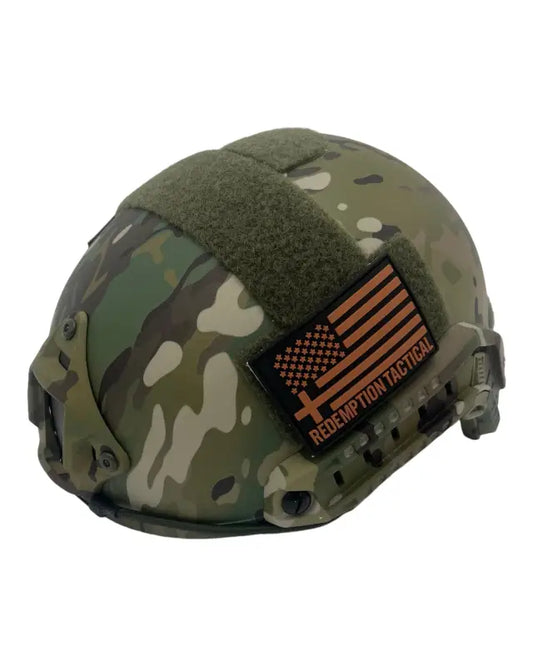 Military-style RT2 Ballistic High Cut Helmet with Multicam and American flag patch