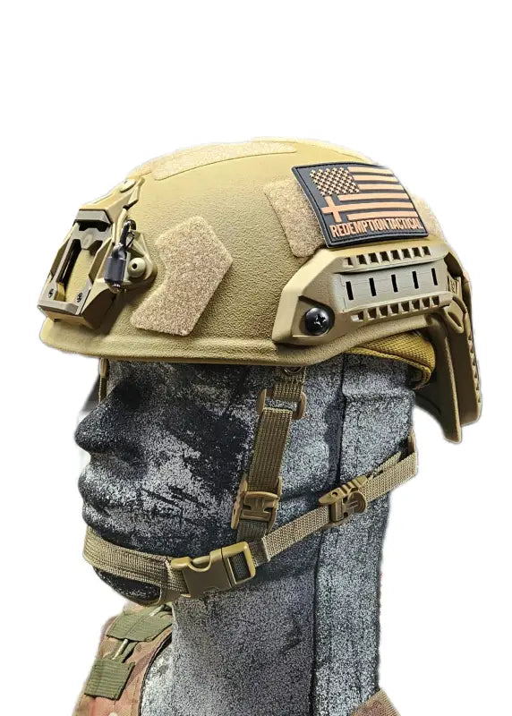 Tan RT2 Ballistic High Cut Helmet with American flag patch and rail attachments