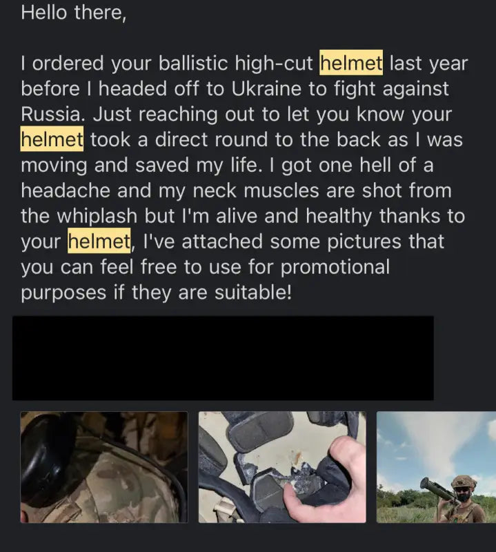 Testimonial on RT2 Ballistic High Cut Helmet’s life-saving performance in Ukraine combat