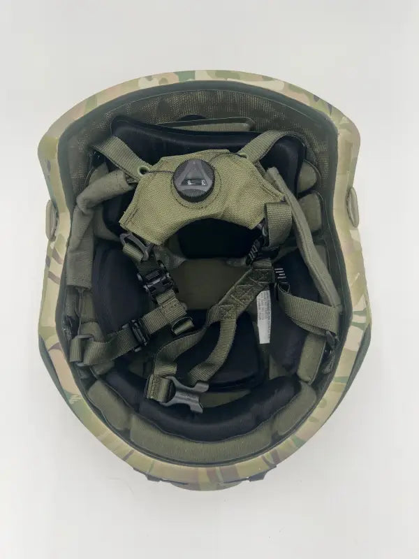 Military-style RT2 Ballistic High Cut Helmet with camouflage and internal padding system