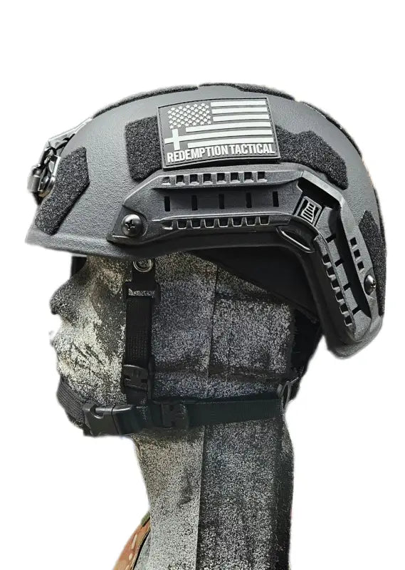 Tactical military helmet with American flag patch, RT2 Ballistic High Cut for advanced protection