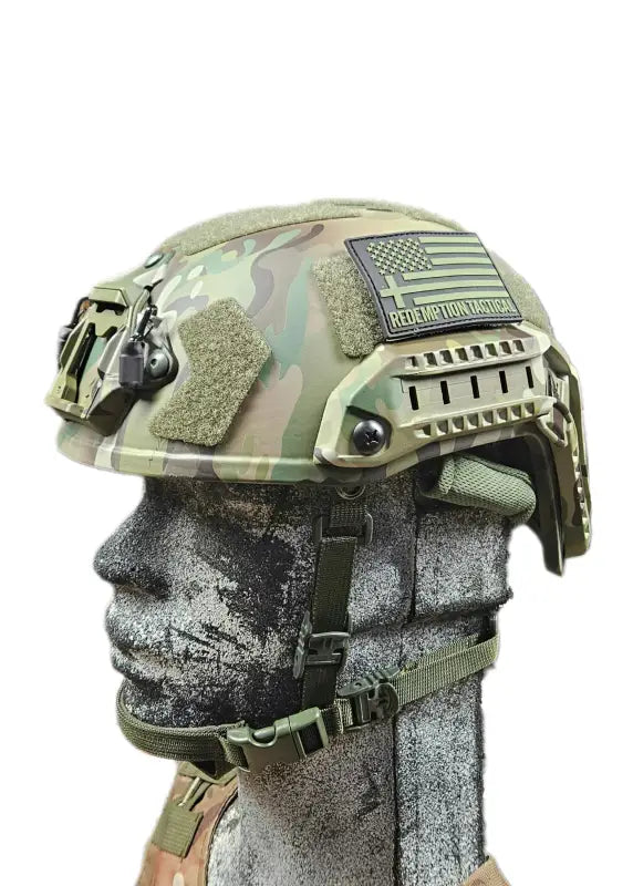 Tactical RT2 Ballistic High Cut Helmet with camouflage pattern and rail attachments