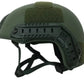 Military-style olive green RT2 Ballistic High Cut Helmet with adjustable straps and arc rails