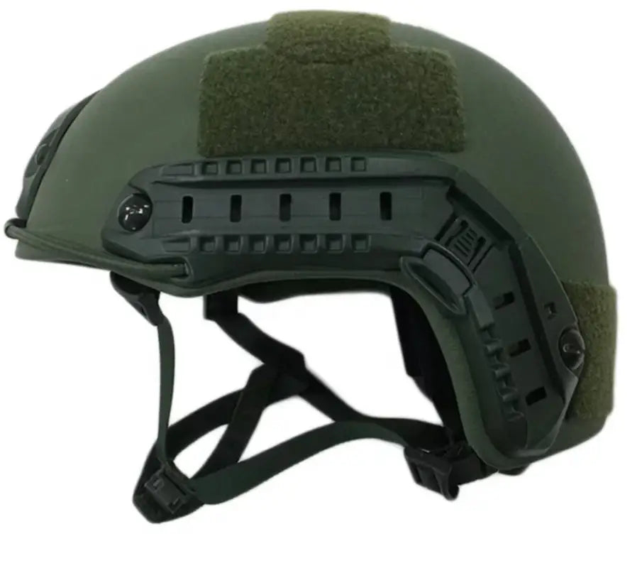 Military-style olive green RT2 Ballistic High Cut Helmet with adjustable straps and arc rails