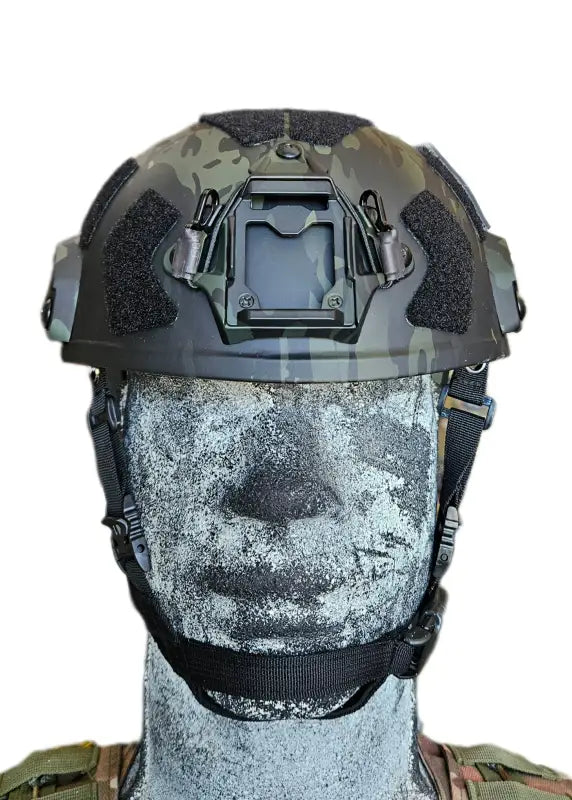 Tactical military RT2 Ballistic High Cut Helmet with camouflage pattern and rails