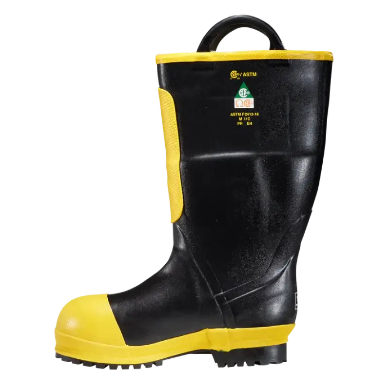 Black and yellow rubber firefighter boot with premium rubber construction for durability