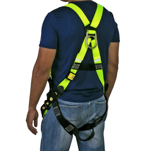 1D Fall Protection Safety Body Harness with Grommets featuring lanyard keepers for safety