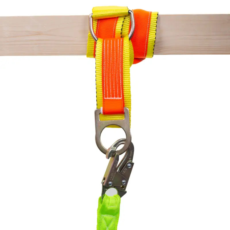 Safety harness with metal attachments in Cross Arm Anchor Strap with high-visibility color scheme