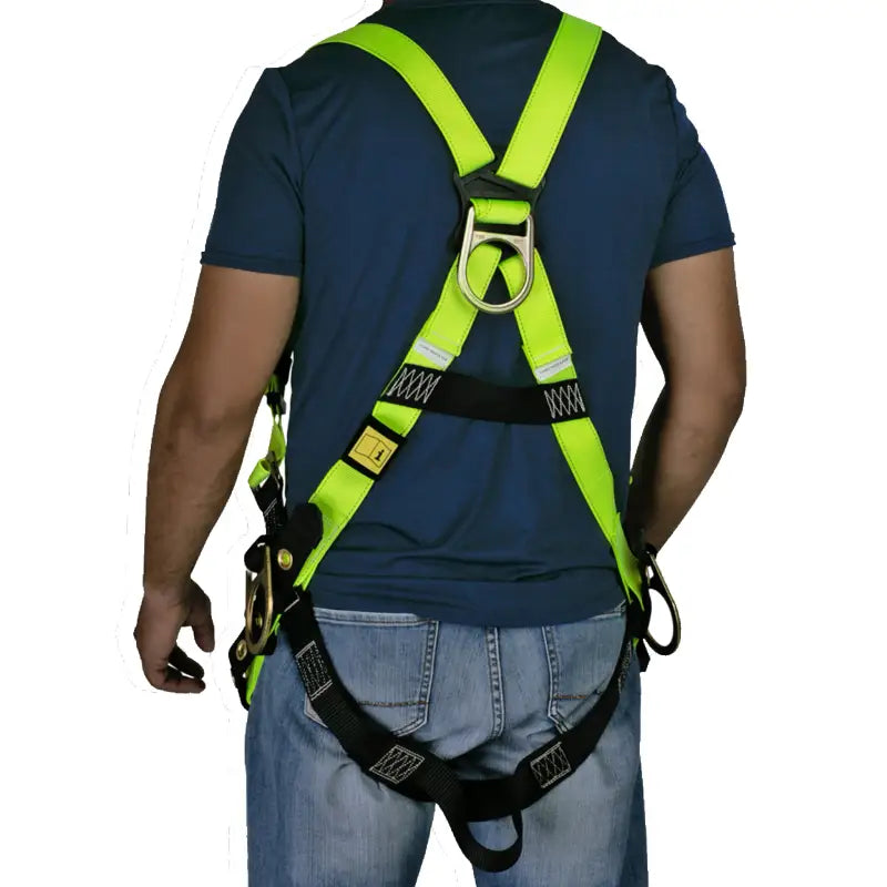 Safety body harness with neon straps for fall prevention and multiple adjustment points