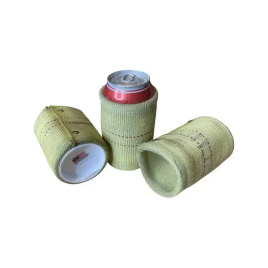 Sage green knitted beverage koozies for cans, perfect firefighter gift or groomsman gift