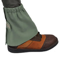 Sage green waterproof Canvas Ankle Gaiters over brown and tan leather shoe