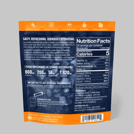 Saltivate Orange Electrolyte stick packs packaging for Orange Electrolytes powder drink