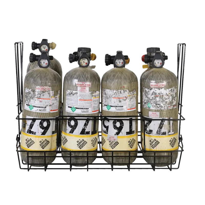 SCBA cylinders in wire rack for firefighter and first responder safety in Collapsible Bottle Carrier