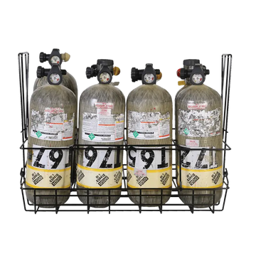 SCBA cylinders in wire rack for firefighter and first responder safety in Collapsible Bottle Carrier