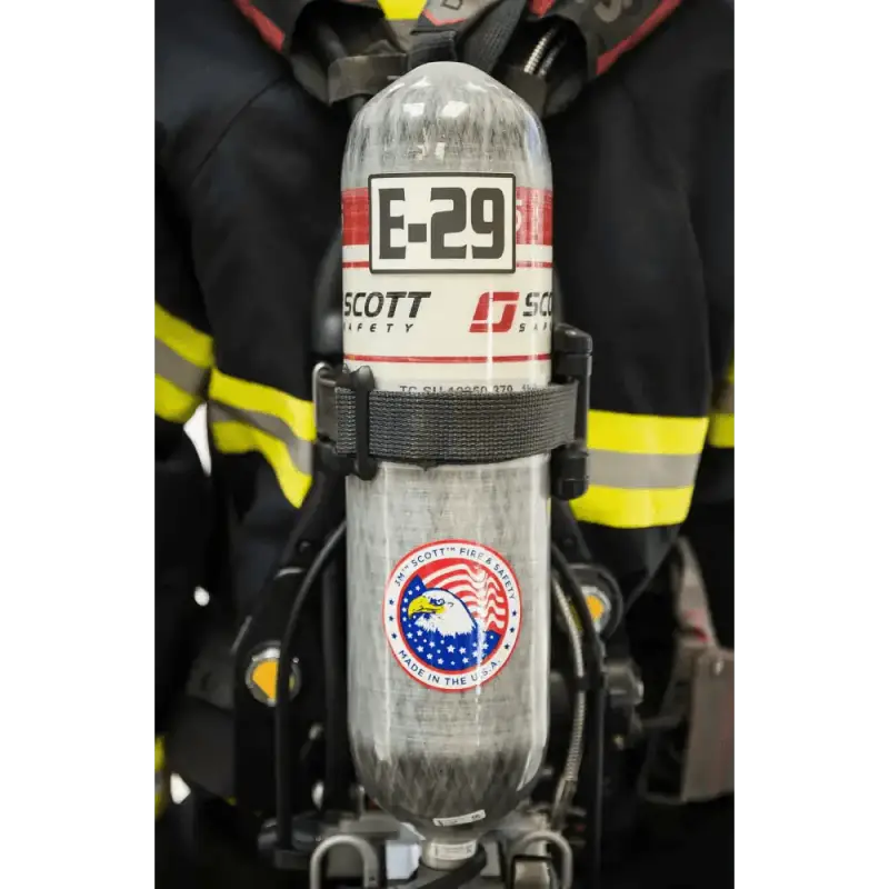 SCBA air tank with E-29 marking featuring IdentiFire™ SCBA Cylinder Decal and emblem