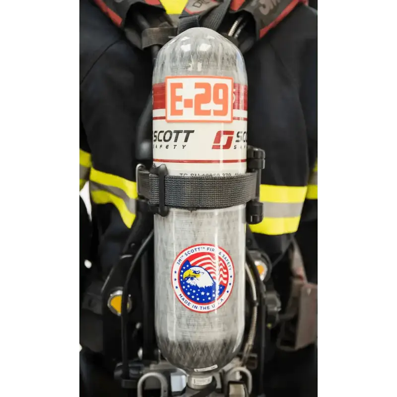 SCBA air tank with E-29 label and patriotic emblem, IdentiFire™ SCBA cylinder decal