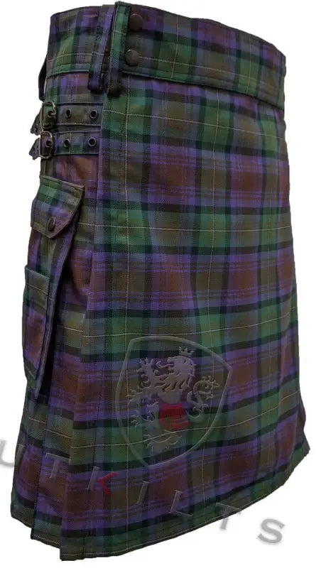 Scottish tartan utility kilt in Isle of Skye colors with pleats and cargo pocket