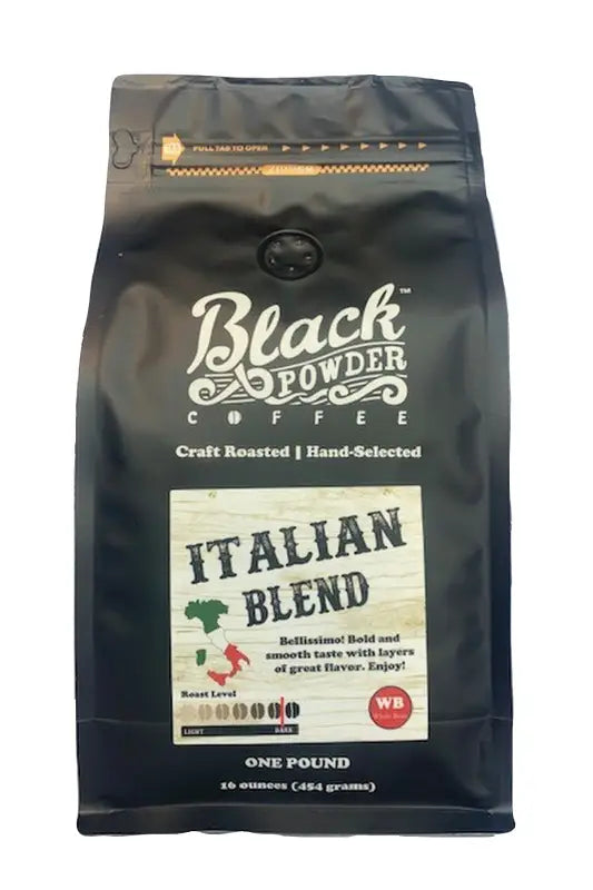 Sealed black bag of Black Powder Coffee Italian Blend dark roast for first responders