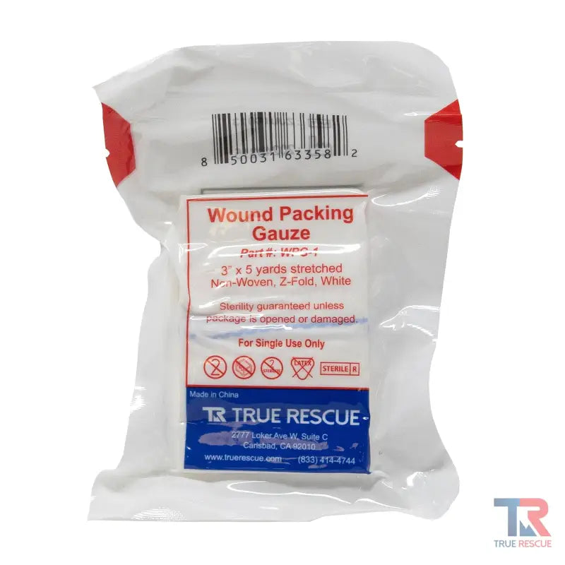 Sealed package of True Rescue’s x-ray detectable wound packing gauze for emergency care