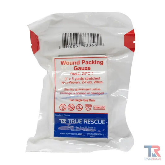 Sealed package of True Rescue’s x-ray detectable wound packing gauze for emergency care