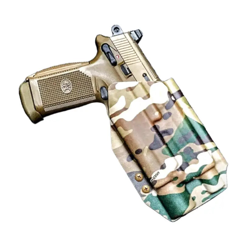 Semi-automatic handgun in camouflage Multimount Holster X300-U with suppressor height sights