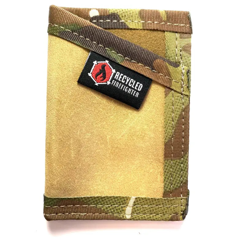 Tan and camouflage wallet with Recycled Firefighter label in Coyote Leather design