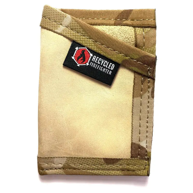 Tan canvas wallet with Recycled Firefighter logo in Combat Boot Leather