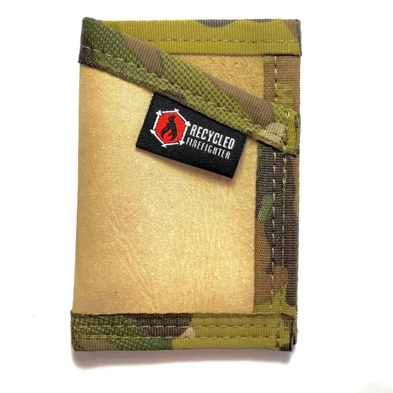 Tan and camouflage tactical wallet in Coyote Leather featuring red logo patch