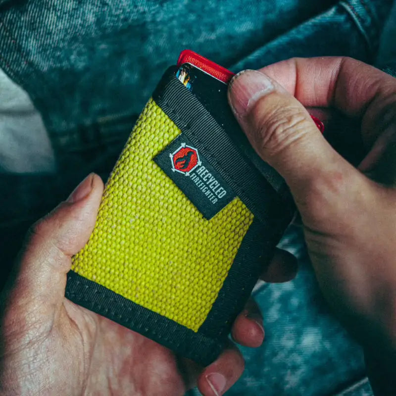 Neon yellow and black Sergeant Wallet in Coyote Leather with red accent and logo