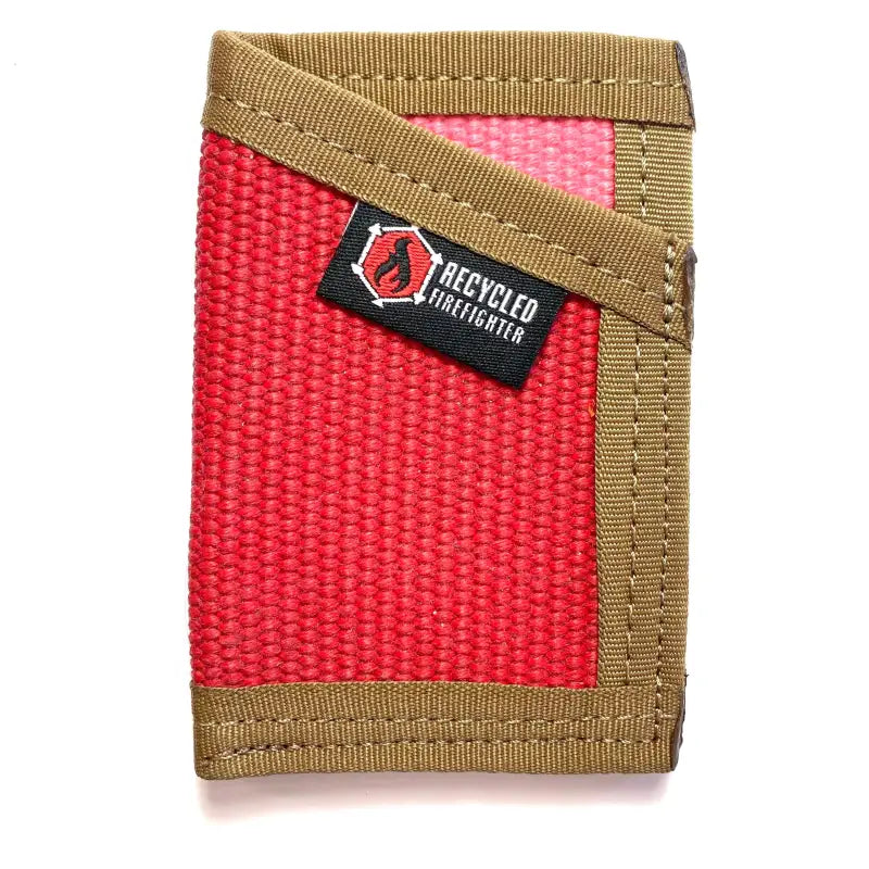 Red and tan nylon wallet with Recycled Firefighter tag in Coyote Leather design