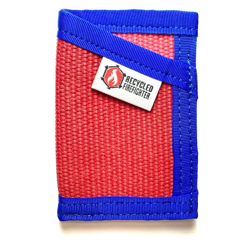 Red Nylon Wallet with Blue Trim and Recycled Firefighter Logo Patch in Coyote Leather