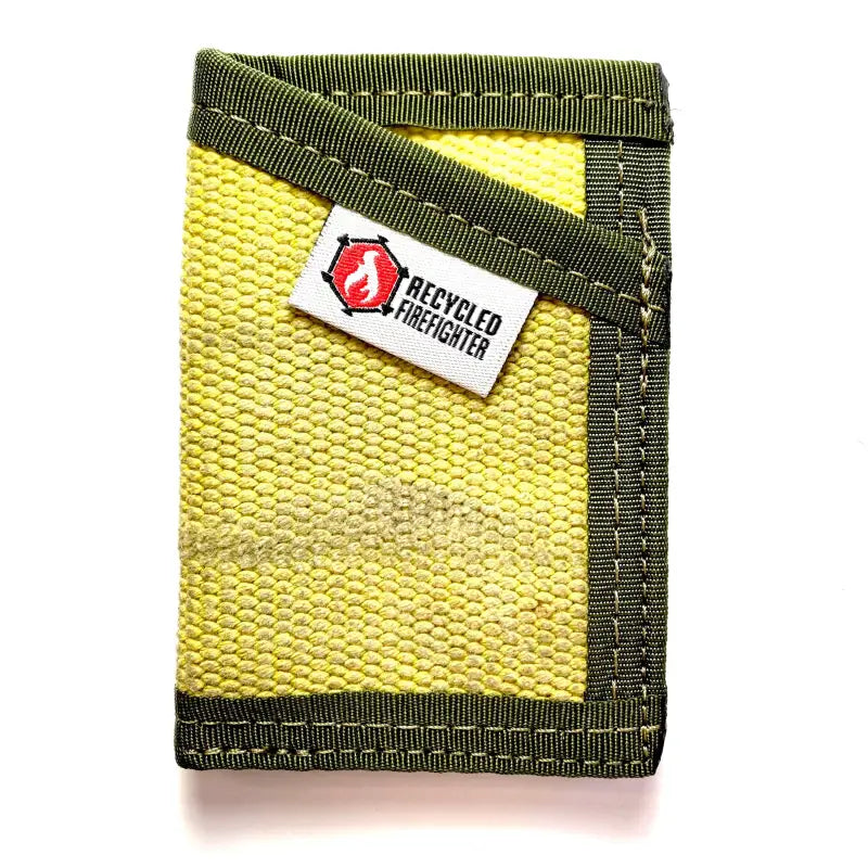 Yellow firefighter wallet with olive green trim in Coyote Leather style