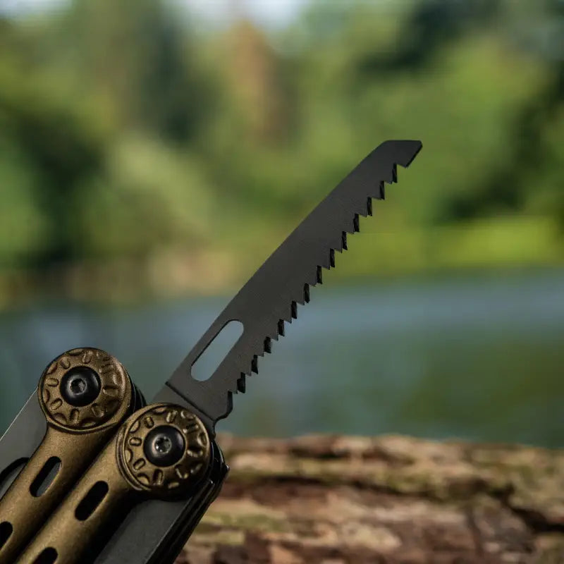 Serrated knife blade with brass handle on M-Tac Multitool Type 5 Olive