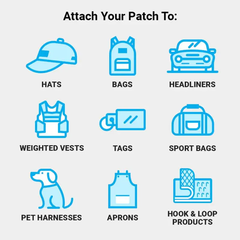 Blue icons of hats, bags, and vests showcasing removable patch options with Velcro loop surface