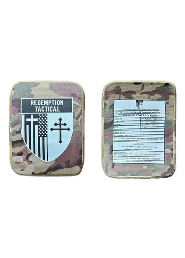 Camouflage body armor with Redemption Tactical Level IV 6x8 side plates featuring shield logo