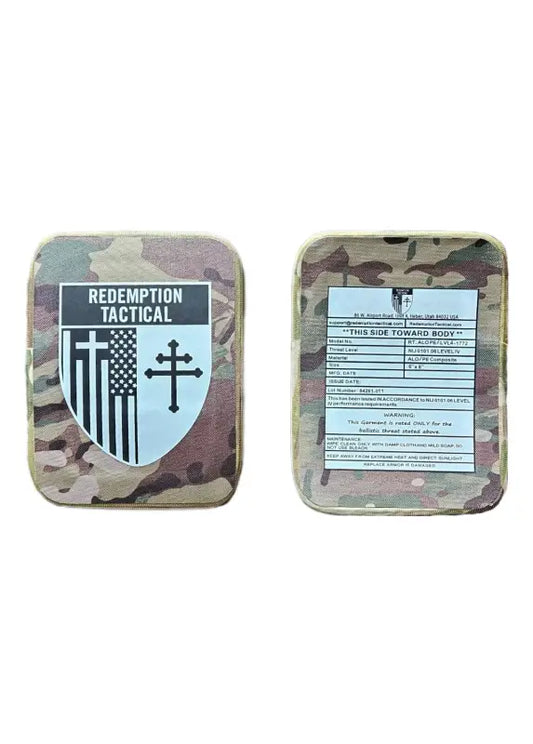 Camouflage body armor with Redemption Tactical Level IV 6x8 side plates featuring shield logo